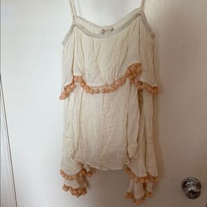 Altar'd State Off the Shoulder Cream Blouse with Peachy Pom-Poms